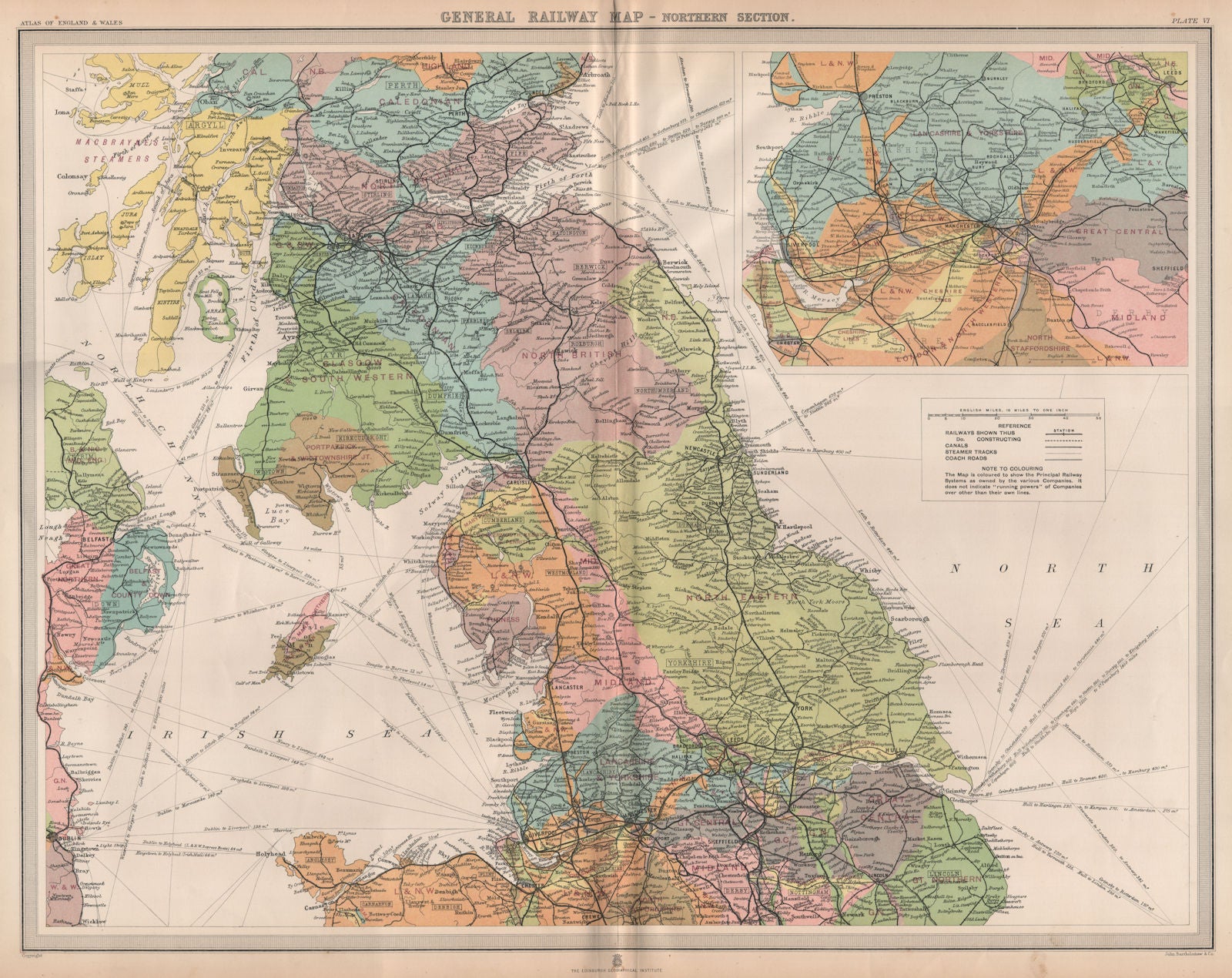 ENGLAND & WALES NORTH. Railways companies canals coach roads. LARGE 1903 map